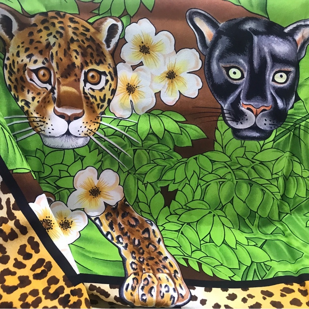 Bob Mackie 100% silk scarf square Jungle Cat Print Silk Scarf in Green and Brown